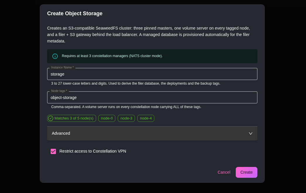 Create an object storage
